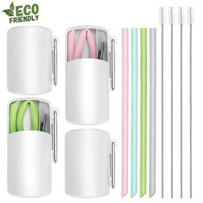 Reusable Silicone Straw with Case Collapsible Drinking Straws with Cleaning Brush for Travel